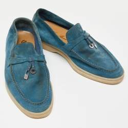 Pre Owned Loro Piana Teal Suede Summer Charms Walk Loafers Size 35