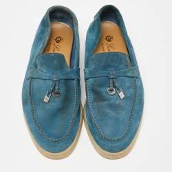 Pre Owned Loro Piana Teal Suede Summer Charms Walk Loafers Size 35