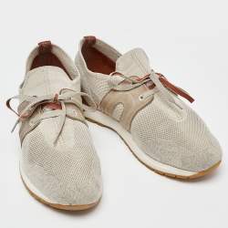 Pre Owned Loro Piana Grey/Brown Knit Fabric and Leather 360 LP Lady Flexi Walk Sneakers Size 37