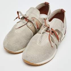 Pre Owned Loro Piana Grey/Brown Knit Fabric and Leather 360 LP Lady Flexi Walk Sneakers Size 37