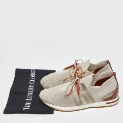 Pre Owned Loro Piana Grey/Brown Knit Fabric and Leather 360 LP Lady Flexi Walk Sneakers Size 37