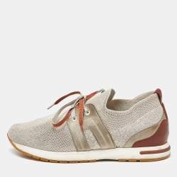 Pre Owned Loro Piana Grey/Brown Knit Fabric and Leather 360 LP Lady Flexi Walk Sneakers Size 37