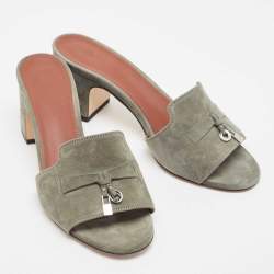 Pre Owned Loro Piana Grey Suede Summer Charms Block Heel Slide Sandals Size 36