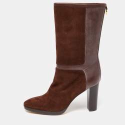 Pre Owned Loro Piana Brown Suede and Leather Knee Length Boots Size 38.5
