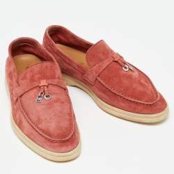 Pre Owned Loro Piana Coral Red Suede Summer Charms Walk Loafers Size 36.5