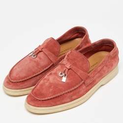Pre Owned Loro Piana Coral Red Suede Summer Charms Walk Loafers Size 36.5