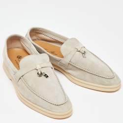 Pre Owned Loro Piana Light Grey Suede Summer Charms Walk Slip On Loafers Size 39