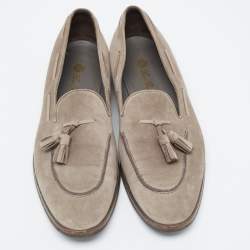 Pre Owned Loro Piana Grey Suede Fringe Detail Slip On Loafers Size 39