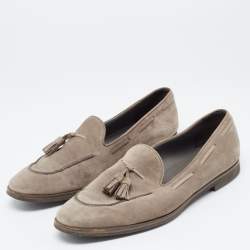 Pre Owned Loro Piana Grey Suede Fringe Detail Slip On Loafers Size 39