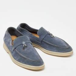 Pre Owned Loro Piana Blue Suede Summer Charms Walk Slip On Loafers Size 38