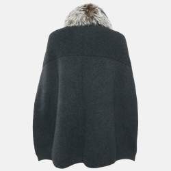 Pre Owned Louis Vuitton Charcoal Black Wool Blend Knit Trimmed Fur Poncho Cape L