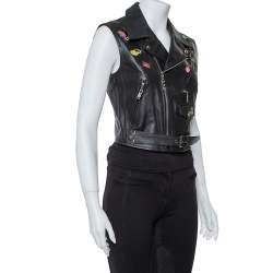 Louis Vuitton Black Leather Badge Embellished Sleeveless Biker Jacket S