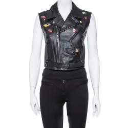 Louis Vuitton Black Leather Badge Embellished Sleeveless Biker Jacket S