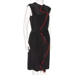 Louis Vuitton Black Silk Contrast Trim Detail Belted Midi Dress M