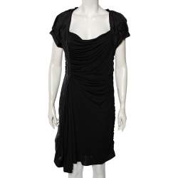 Louis Vuitton Black Jersey Ruffle Trim Ruched Dress L