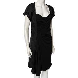 Louis Vuitton Black Jersey Ruffle Trim Ruched Dress L