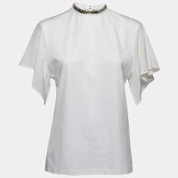 Louis Vuitton White Cotton Embellished Mock Neck Blouse M