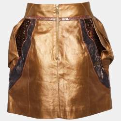 Pre Owned Louis Vuitton Brown Leather & Contrast Detail Puff Pocket Mini Skirt M