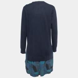 Louis Vuitton Navy Blue Wool Knit & Printed Silk Hem Detail Mini Dress L