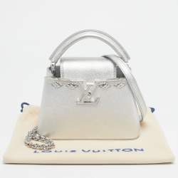Pre Owned Louis Vuitton Silver Leather Crystal Embellished Capucines Mini Bag