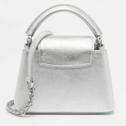 Pre Owned Louis Vuitton Silver Leather Crystal Embellished Capucines Mini Bag