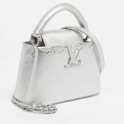 Pre Owned Louis Vuitton Silver Leather Crystal Embellished Capucines Mini Bag