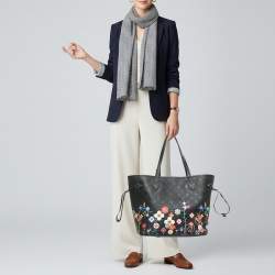 Pre Owned Louis Vuitton x Takashi Murakami Neverfull MM Black Monogram Empreinte Leather Tote 