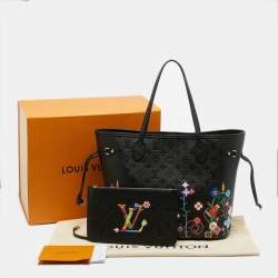 Pre Owned Louis Vuitton x Takashi Murakami Neverfull MM Black Monogram Empreinte Leather Tote 