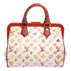Pre Owned Louis Vuitton White Monogram Canvas and Snakeskin Richard Prince Watercolor Aquarelle Frame Speedy Bag