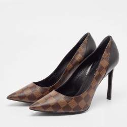 Pre Owned Louis Vuitton Brown/Black Damier Ebene Canvas and Leather Chérie Pumps Size 39.5