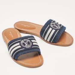 Louis Vuitton Blue Denim Lock It Flat Slides Size 38