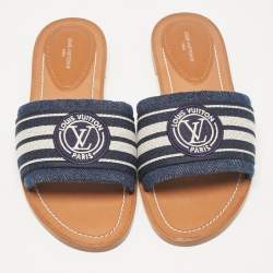 Louis Vuitton Blue Denim Lock It Flat Slides Size 38