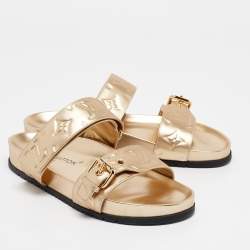 Pre Owned Louis Vuitton Gold Leather Bom Dia Comfort Flat Sandals Size 37.5