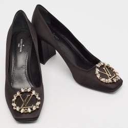 Pre Owned Louis Vuitton Black Satin Madeleine Block Heel Pumps Size 38