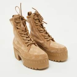 Pre Owned Louis Vuitton Beige Monogram Wool and Suede Laureate Platform Desert Boots Size 39