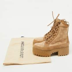 Pre Owned Louis Vuitton Beige Monogram Wool and Suede Laureate Platform Desert Boots Size 39