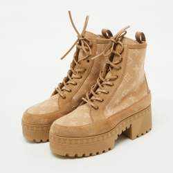 Pre Owned Louis Vuitton Beige Monogram Wool and Suede Laureate Platform Desert Boots Size 39