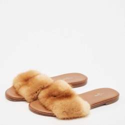 Louis Vuitton Pink Mink Fur Lock It Flat Slide Sandals Size 38.5