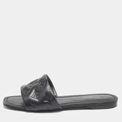 Pre Owned Louis Vuitton Black Monogram Embossed Leather Revival Flat Slides Size 38