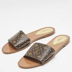 Louis Vuitton Monogram Canvas Studded Lock It Flat Slides Size 38.5