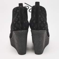 Louis Vuitton Black Monogram Suede Wedge Ankle Boots Size 36
