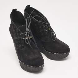Louis Vuitton Black Monogram Suede Wedge Ankle Boots Size 36