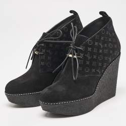 Louis Vuitton Black Monogram Suede Wedge Ankle Boots Size 36