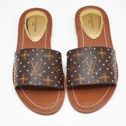 Pre Owned Louis Vuitton Monogram Canvas Studded Lock It Flat Slides Size 36