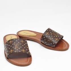 Pre Owned Louis Vuitton Monogram Canvas Studded Lock It Flat Slides Size 36