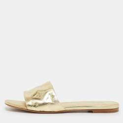 Pre Owned Louis Vuitton Gold Monogram Embossed Leather Revival Flat Slides Size 37.5
