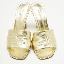 Pre Owned Louis Vuitton Gold Monogram Embossed Leather Revival Slide Sandals Size 38