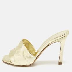 Pre Owned Louis Vuitton Gold Monogram Embossed Leather Revival Slide Sandals Size 38