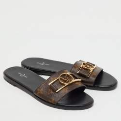 Pre Owned Louis Vuitton Brown Monogram Canvas Lock It Flat Slide Sandals Size 39