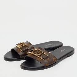 Pre Owned Louis Vuitton Brown Monogram Canvas Lock It Flat Slide Sandals Size 39